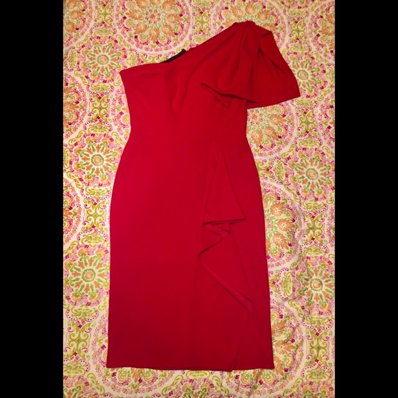 BETSY & ADAM "MELANIE" RED ONE SHOULDER FRONT RUFFLE DRESS SIZE 4 $219 - Picture 3 of 4